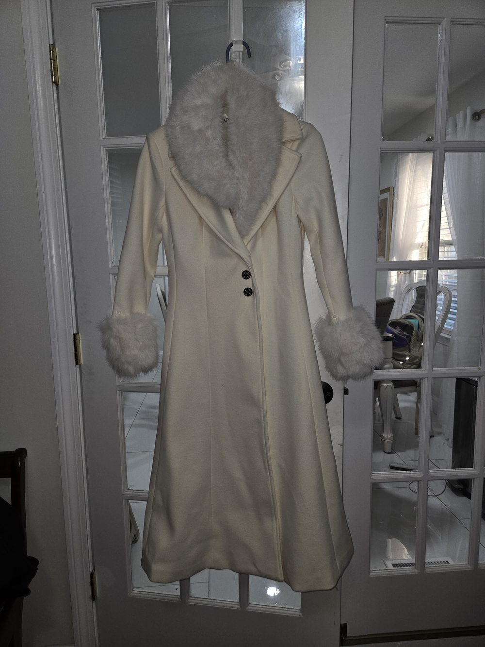 Ivory Long-Sleeve Fur-Trim Coat Dress